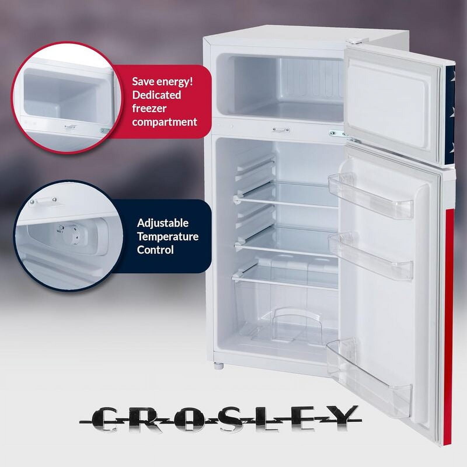 Crosley American Tribute 4.2 Cuft 2-Door Compact Refrigerator, White with American Flag Design