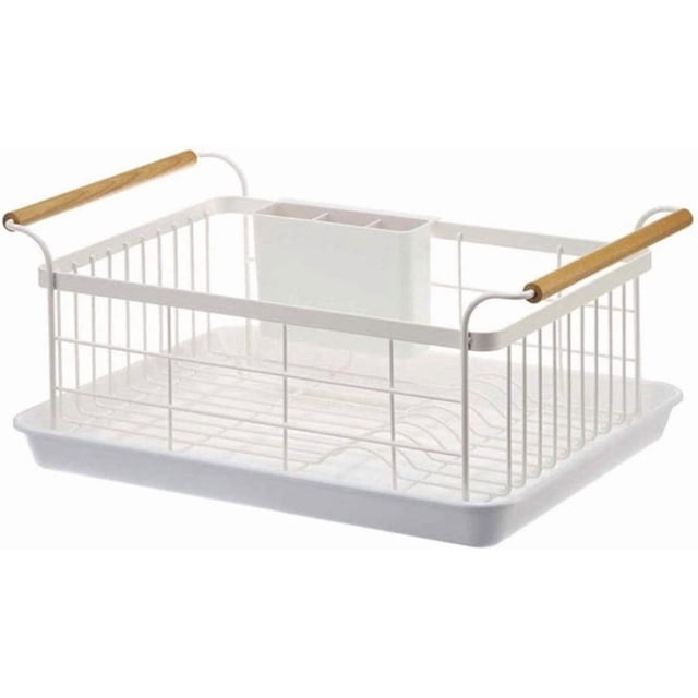 Estante de desagüe, estante de secado para encimeras de cocina, escurridor de platos, bandeja de goteo de plástico, mango de madera portátil, estante de almacenamiento para utensilios de