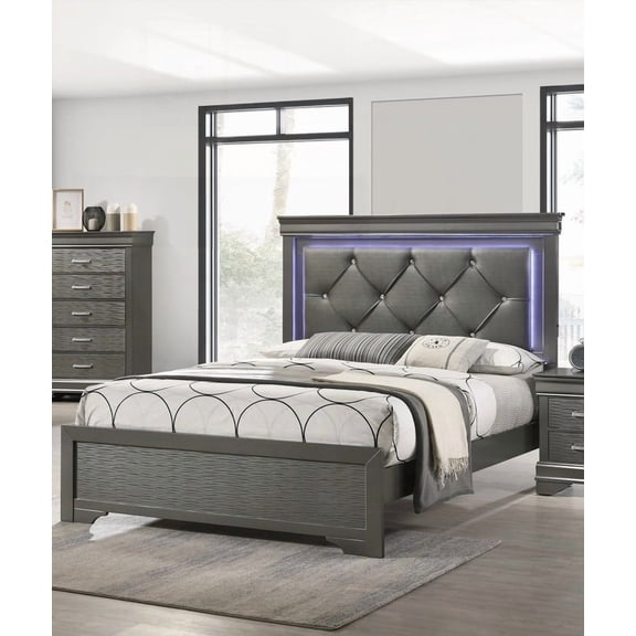 Queen Size Solid Wood Platform Bed Frame with Built-in LED, Gray, No Box Spring Needed, for Bedroom
