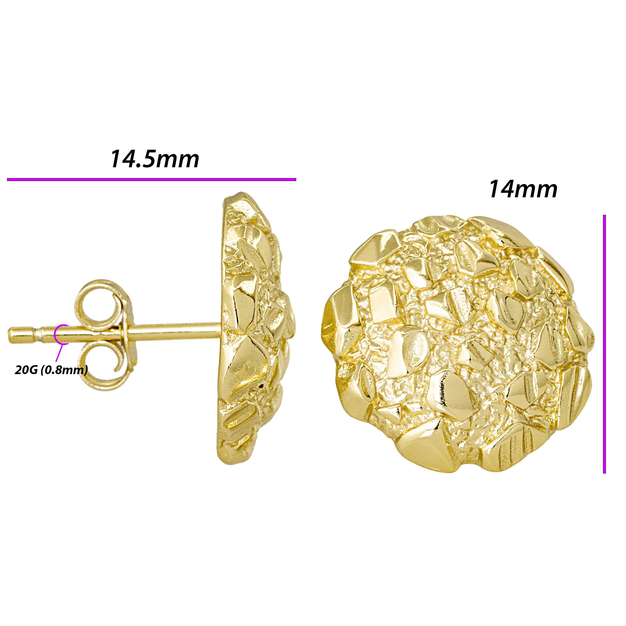 Nugget Stud Earrings - Yellow Gold Plated Sterling Silver Textured Chunky Studs - Hypoallergenic Minimalist Earrings for Men-Women 14mm