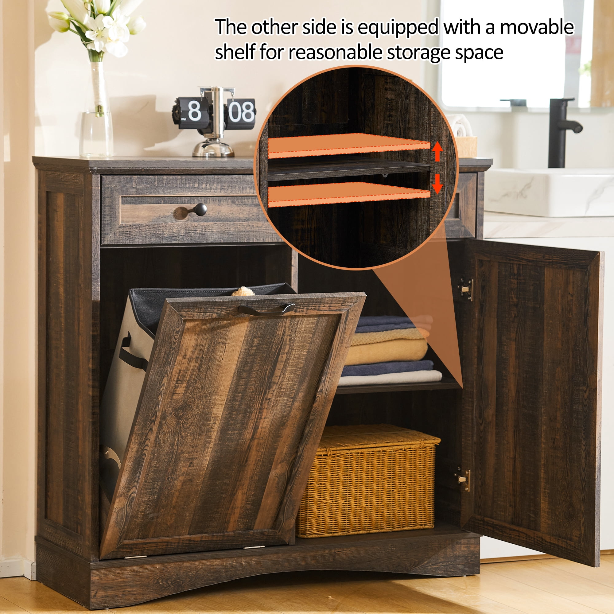 HARIPUL 13 Gallon Tilt Out Trash Cabinet Waste Bins Hidden Trash Bin with Drawer & Adjustable Shelf & for Kitchen, Dark Brown