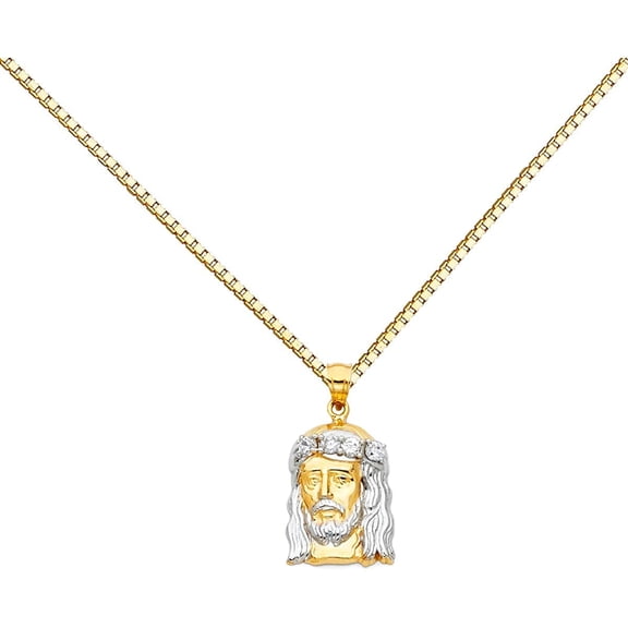 14k Two Tone Gold Jesus Face Religious Pendant Charm Box Necklace Chain (Length - 22'')