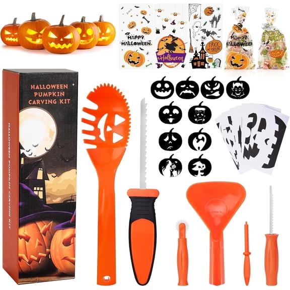 Pumpkin Carving Kit for Kids, 6 Easy Halloween Pumpkin Carving Tools Set, Stainless Steel Pumpkin Carving Tools,10 Carving Stencils & 20 Halloween Cellophane Candy Bags