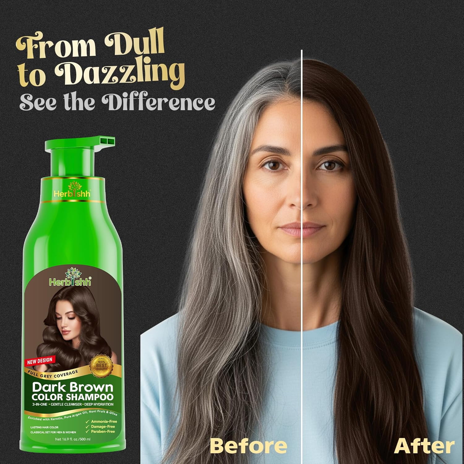 Herbishh Dark Brown Hair Color Shampoo for Gray Hair, Hair Dye Shampoo 3 in 1, 100% Gray Coverage,  Easy Application Shampoo Para Canas, Permanent Hair Color for Men & Women, Ammonia-free, 500 ml