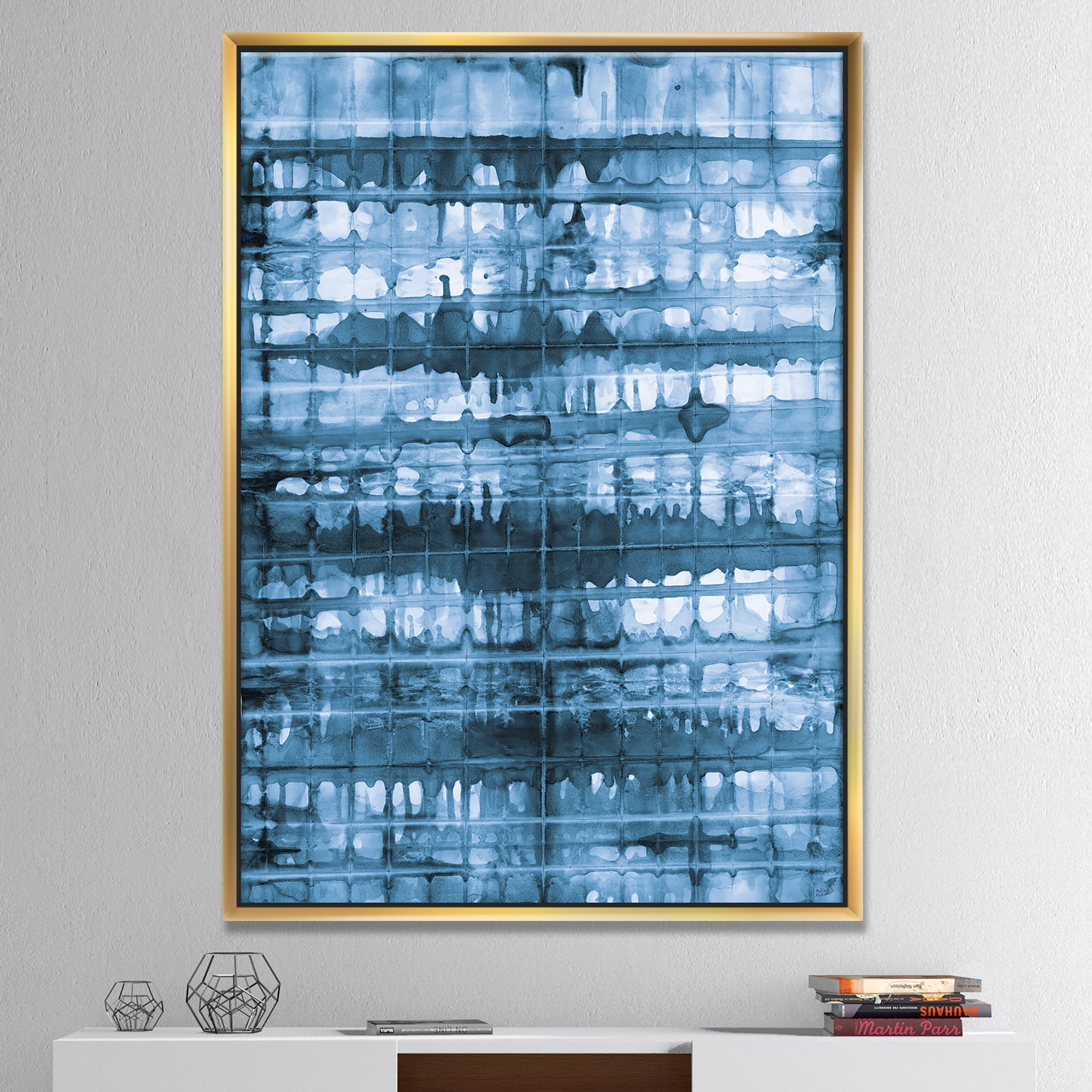 Designart ' Indigo watercolor geometrical V ' Contemporary Framed Canvas