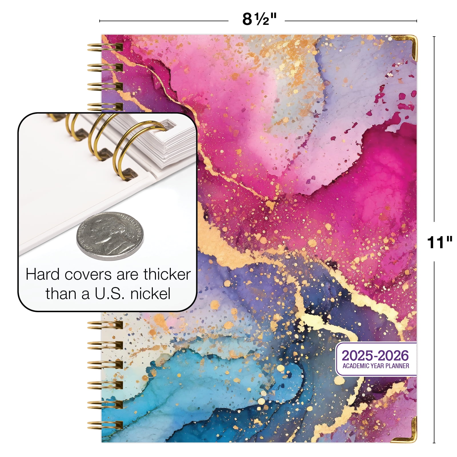 Academic Year 2025-2026 Planner, June 2025 - July 2026, 8.5"x11" Daily Weekly Monthly Planner Yearly Agenda, Hardcover, Bookmark, Pocket Folder and Sticky Note Set (Rainbow Gold Marble)