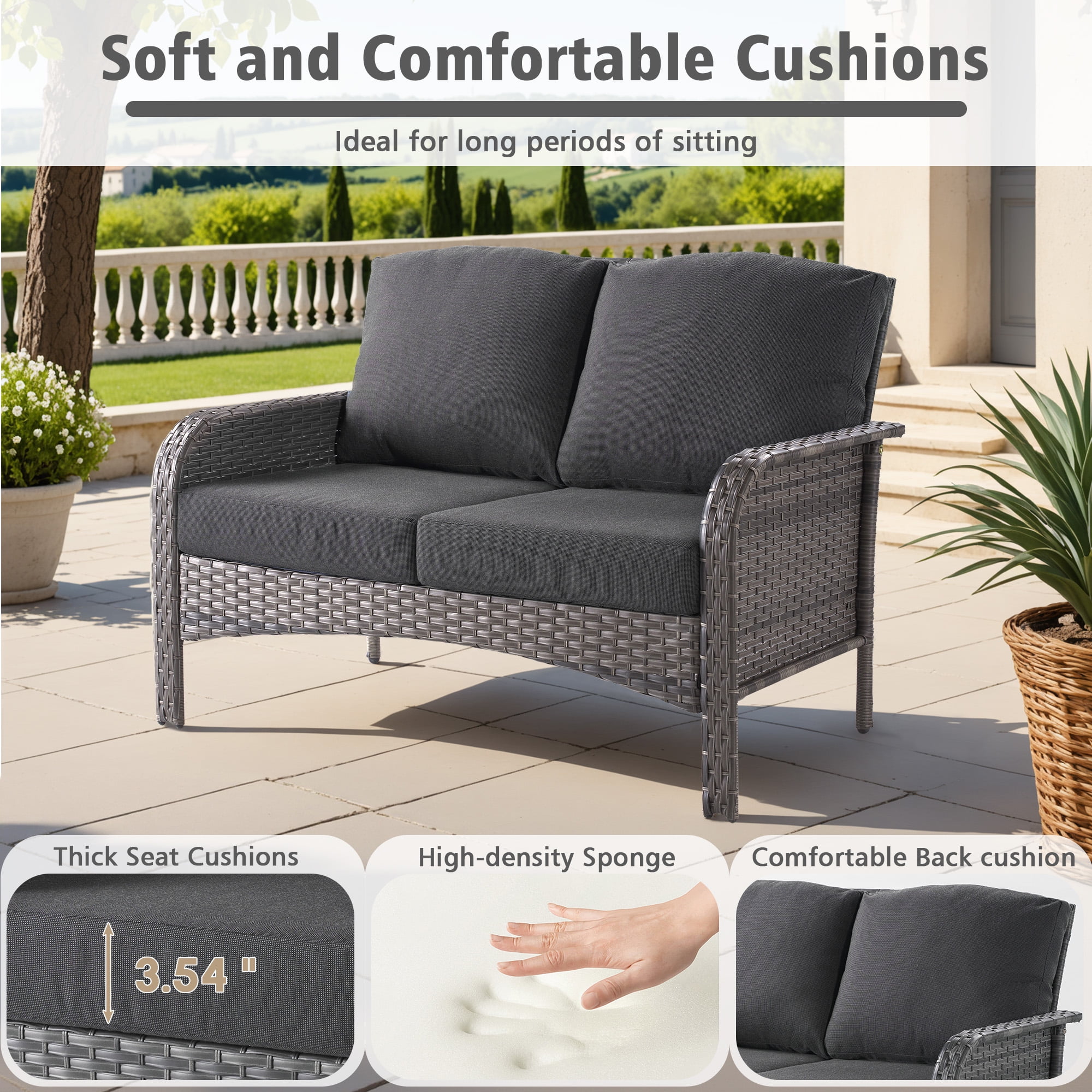 Ovios 2 Pieces Outdoor Patio Furniture High Back Wicker Rattan Outdoor Sectionals Set with Table for Backyard Balcony