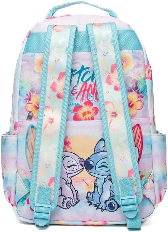 Wondapop Disney Stitch and Angel 15.5 Inch Junior Deluxe Nylon Backpack, Stitch and Angel, Kids School Bag with Laptop Sleeve & Pockets