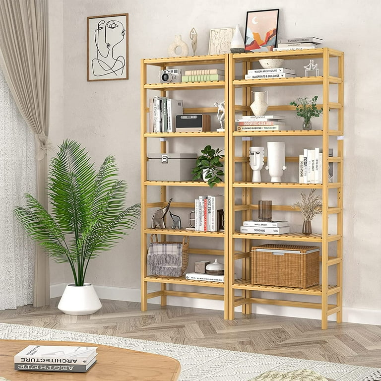 Homykic Bookshelf, 6-Tier Bamboo Adjustable 63.4” Tall Bookcase Book Shelf  Organizer, Free Standing Storage Shelving Unit for Living Room, Kitchen