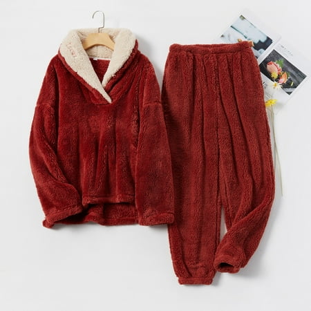 

QWANG Women s Thickened Warm Lamb Cashmere Lapel Pajamas Pajamas Household Suit