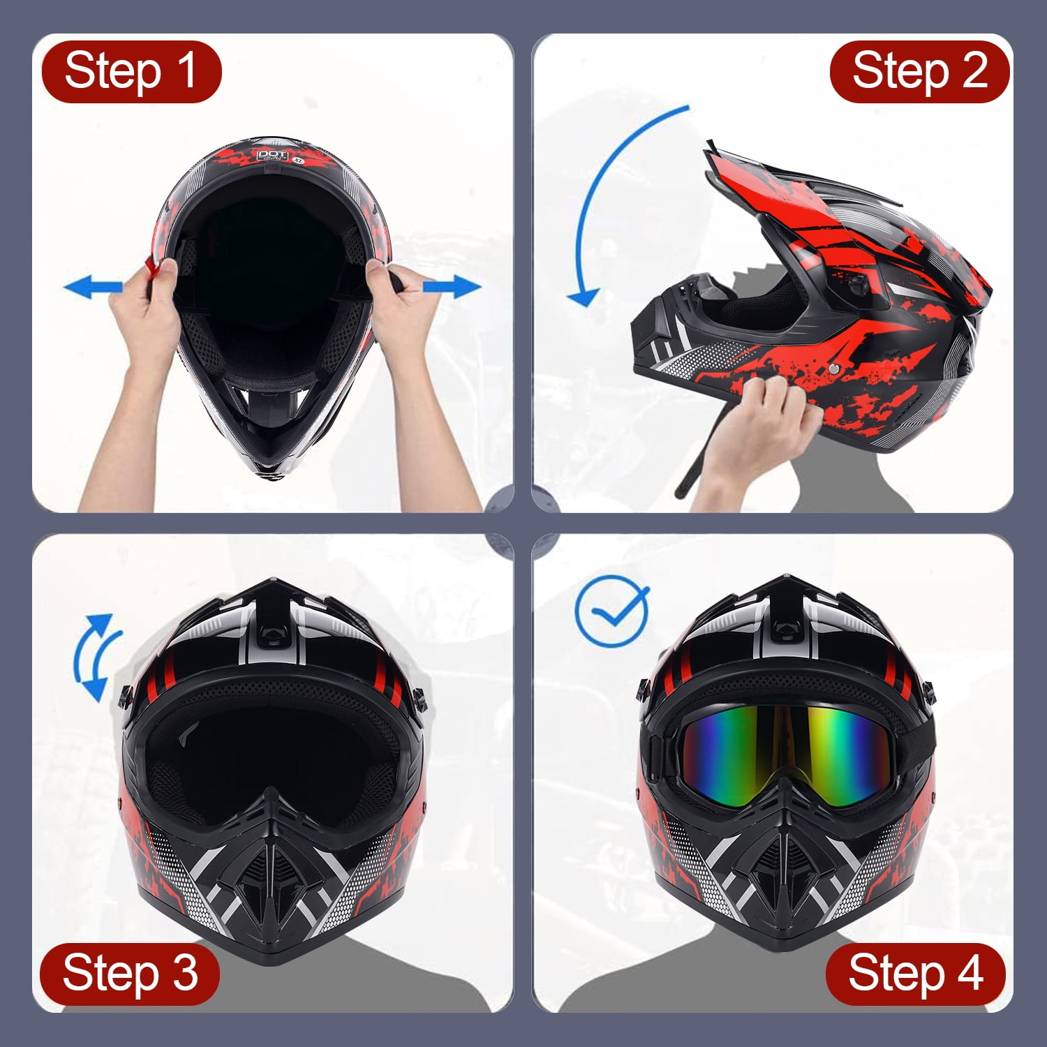 Nuao Motorcycle Helmet, Vintage Motocross Helmet with Goggles, Gloves, Mask, Sun Visor Snowmobile, ATV off Road Helmet DOT Approved, Red, XL