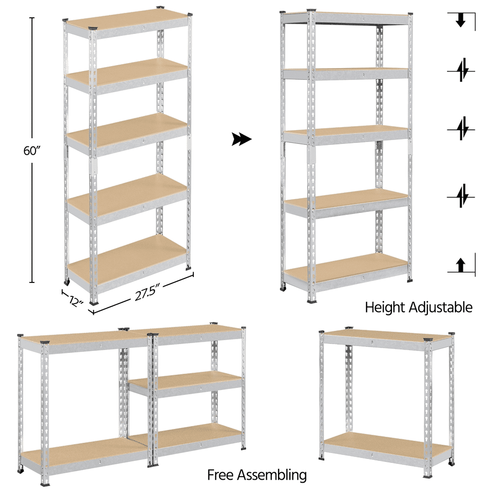 Alden Design 5-Shelf Boltless & Adjustable Steel Storage Shelf Unit, Silver, 2 Pack
