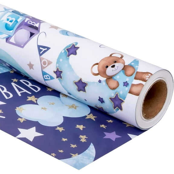 Reverible Baby Boy Wrapping Paper Roll for Boys Kids Infant - Baby Blue Gift Wrap Sheets with Bear Balloon Moon Star Patterns for Neutral Baby Shower Birthday - Total 28.5sq.ft
