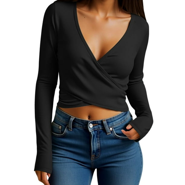 Top de manga larga con lazo para mujer: escote en V profundo, corte ajustado, blusa para danza y yoga, lazos ajustables, tallas S-XL