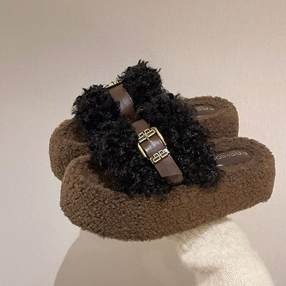 Nilvkv House Slippers, Open Toe Sandals, Women's Fashionable And Casual Winter Lambswool Belt Buckle Outdoor Versatile Home Slippers