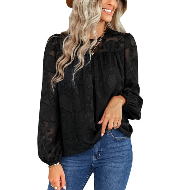 Txlixc Blusa de Manga Larga para Mujer, Blusa de Cuello Redondo con Botones en la Espalda con Patrón de Jacquard de Color Sólido, Tops de Calle de Ajuste Suelto Txlixc Moda
