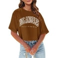 thumbnail image 3 of Blmnix Brown Tops for Women Fasion Short Sleeve Crew Neck Casual Crop Los Angeles Letter Ladies Tops 2024, 3 of 7