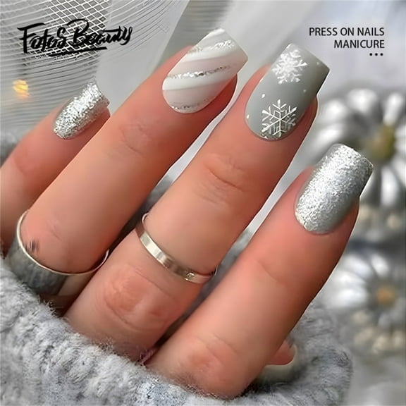 Fofosbeauty Christmas Nails 24pcs Press on False Nails Tips, Coffin Fake Acrylic Nails, Sparkle Snowflake Silver