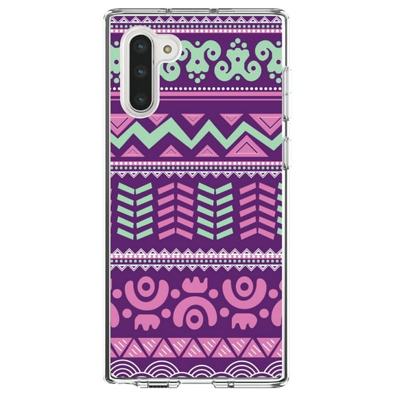 DistinctInk Clear Shockproof Hybrid Case for Samsung Galaxy Note 10 (6.3" Screen) - TPU Bumper, Acrylic Back, Tempered Glass Screen Protector - Pink Green Aztec Tribal