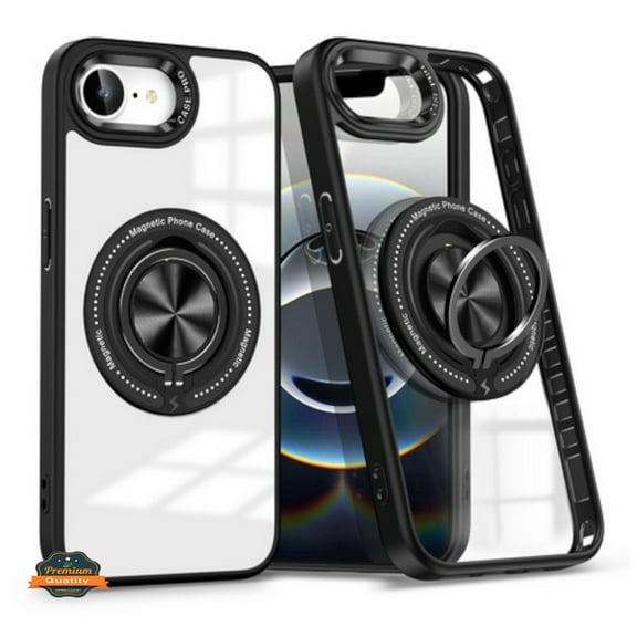 For Apple iPhone 16e /iPhone SE4 Clear Transparent Back Hybrid with Rotating Ring Stand, MagSafe Compatible Shockproof Slim TPU PC Cover, XPM Phone Case [Black]