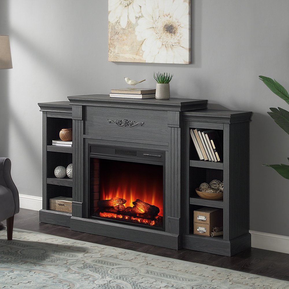 BELLEZE 70" Mantel Bookcase & 28" Electric Fireplace Heater, Grey