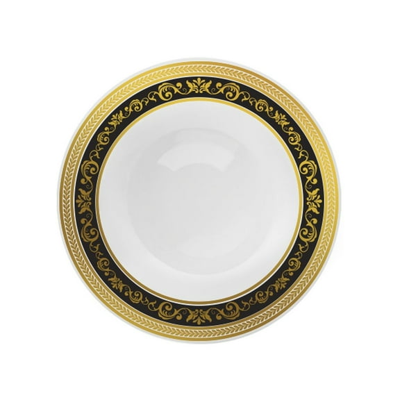 Royal Collection 7.25" White w/ Black and Gold Royal Border Salad/Dessert Plastic Plates *Case of 120*