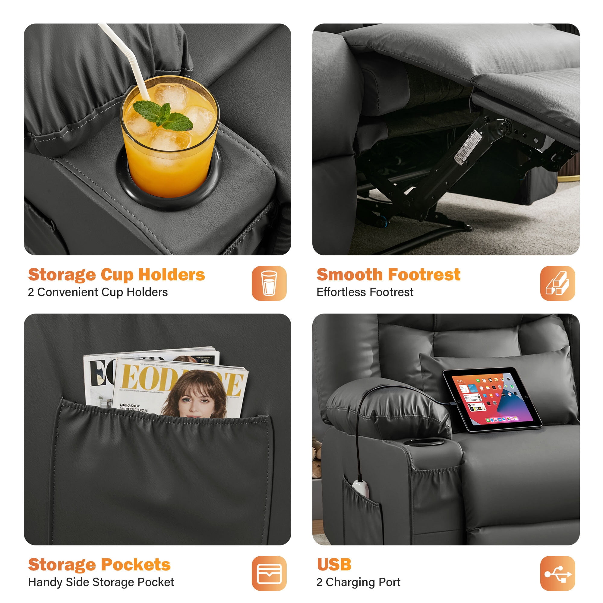 Alvantor Loveseat Recliner Sofa for Adults with Massage & Heating, Modern Leather Manual Recliner Chair with Cup Holders for Home Theater Gray