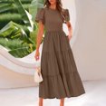 thumbnail image 5 of RYDCOT Wedding Guest Dresses for Women Summer 2024 Solid Color Short Sleeve Round Neck Pleated Ruffle Dresses Ankle Dress Long Dress on Clearance Brown, 5 of 9
