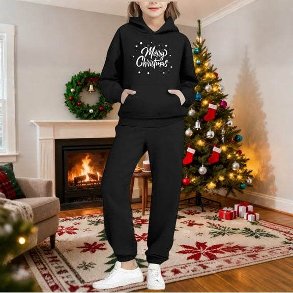 ATOGUTA Girl 2 Piece Outfit Set Tracksuit Christmas Hoodie Sweatshirt and Sweatpants Joggers Set with Pockets Size 2T-14, Black