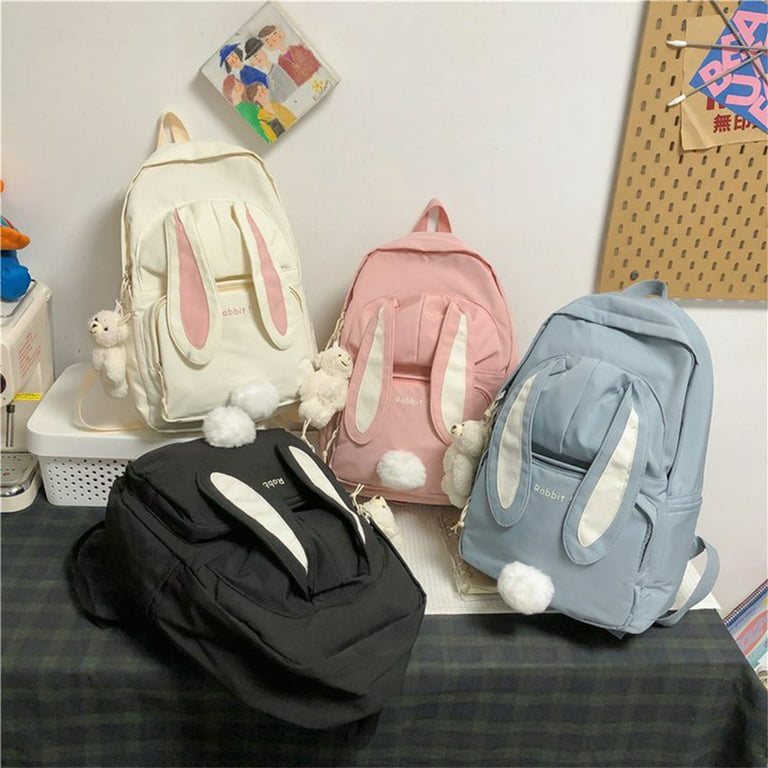 Cute Bunny Backpack for Teen Girls, 16 Inch Large Capacity Bunny Ear School  Bag with Plush Bear Pendant, Students Backpack