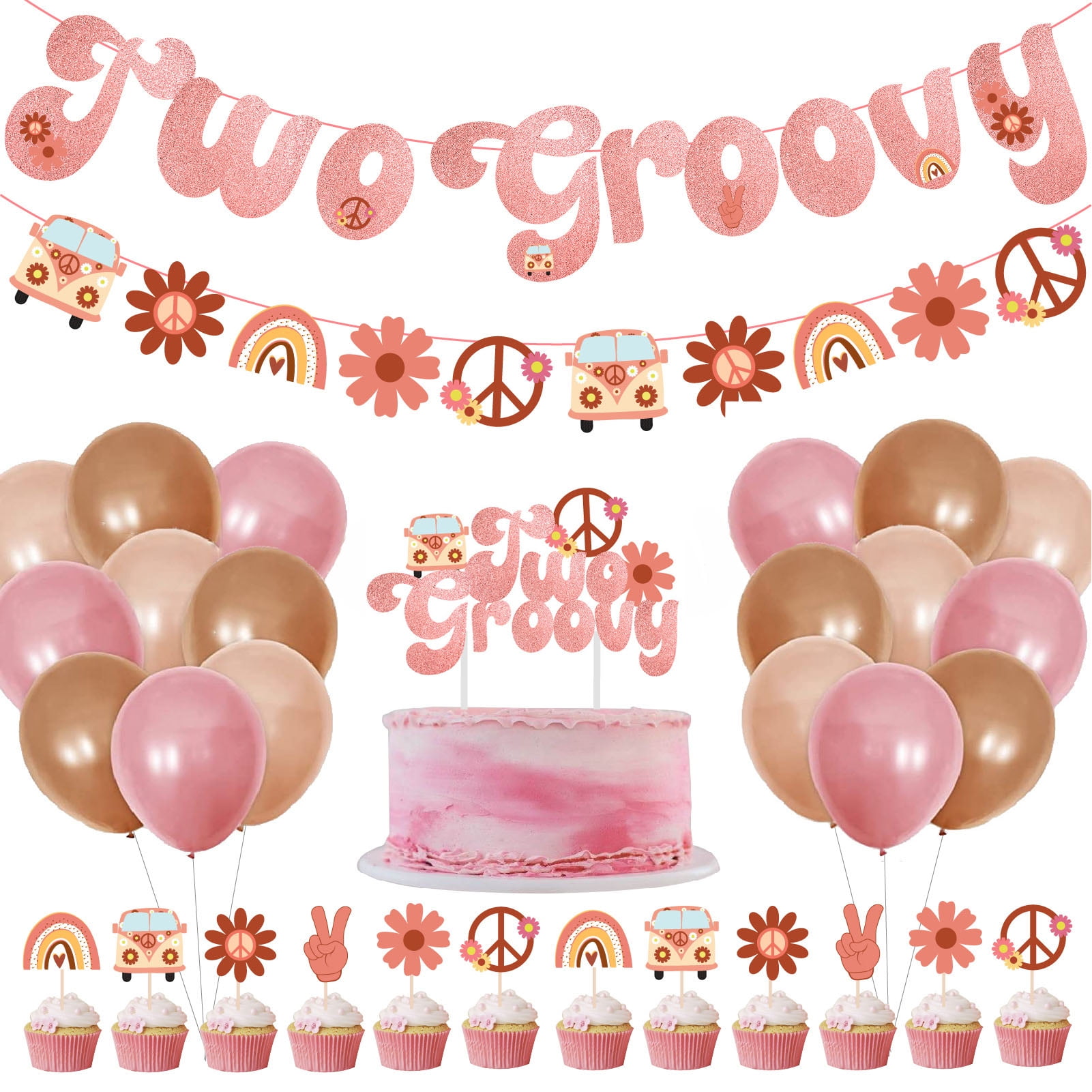 Two Groovy 2nd Birthday Party Decoration Boho Balloons Set Rainbow Flower Banner Cake Topper for Girl Party Supplies