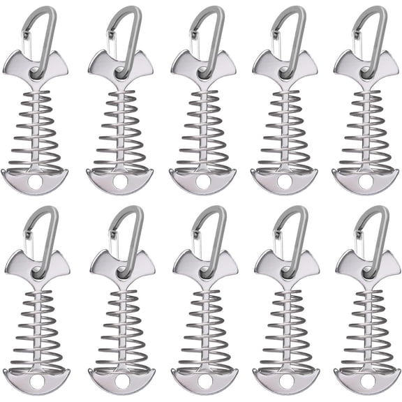 Fishbone Deck Anchor Pegs with Carabiners, Aluminium Tent Stakes with Spring Buckle, Windproof for Outdoor Camping Hiking (10Pcs Silver)