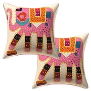 Stylo Culture Indian Couch Throw Pillow Covers 16x16 Applique Patchwork Baby Pink Bohemian 40 x 40 cm Bedroom Cotton Elephant Square Cushion Covers | Set Of 2