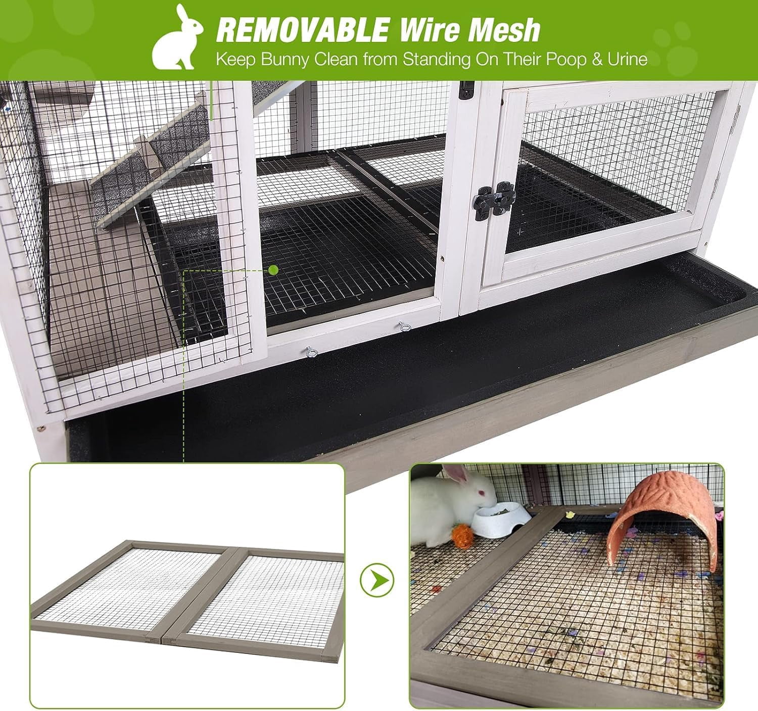 MEDEHOO Large Rabbit Hutch with Removable Wire Netting, 2 Deep Trays, 4 Wheels, Sliding Door, and Extra Access Door - Mocca Color