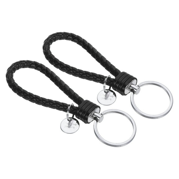 Braided Leather Keychain with Stainless Steel Key Ring Sleeve, PU Woven Wristlet Lanyard, Black 2 Pack