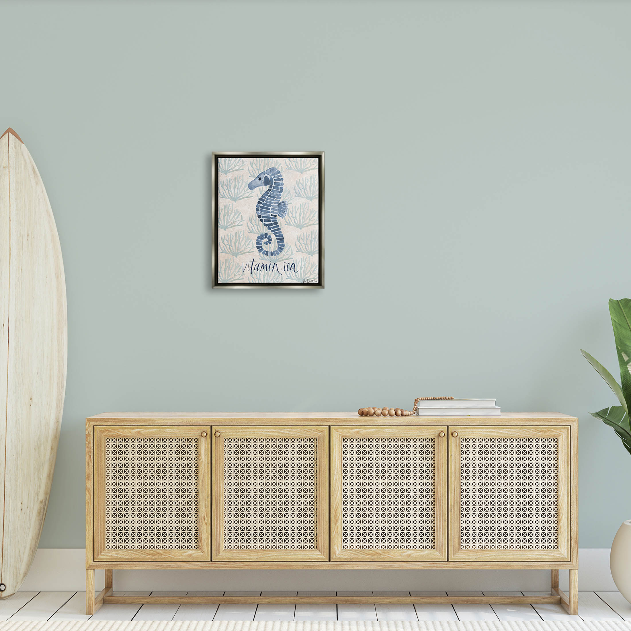 Stupell Industries Vitamin Sea Aquatic Pun Seahorse Graphic Art Luster Gray Floating Framed Canvas Print Wall Art, Design by Katie Doucette