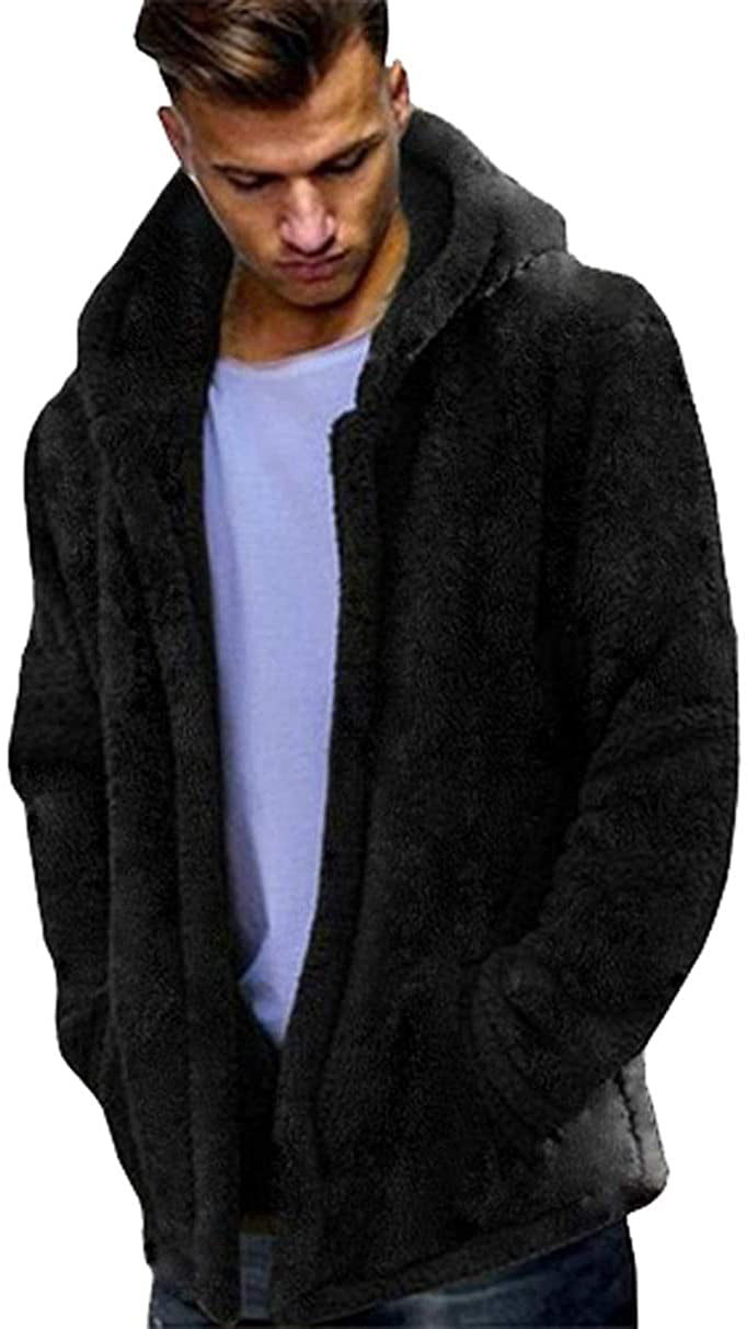 LeaLac Mens Winter Casual Faux Hoodie Fuzzy Sherpa Zip Up Fleece Jacket Open Front Warm Cardigans Coat with Pockets 