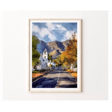 Stellenbosch South Africa Watercolor Style Travel Poster Scenic Street Mountain Wall Art