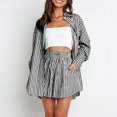 thumbnail image 6 of Summer Shorts Sets Temperament Casual Long Sleeve Striped Button Down Shirts Lace Up Shorts Set Summer Outfits For Women Black L, 6 of 7