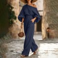 thumbnail image 5 of Szluipve 2 Piece Sets for Women Off‑Shoulder 2 Piece Outfits Puff Long Sleeve Slanted Shoulder Top & High Waist Pleated Wide Leg Pants Casual Vacation Matching Set Navy L, 5 of 9