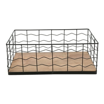 Mainstays Black Wire Basket with Wood Board Base, 15.75 L x 9.45 W x 5.91 H