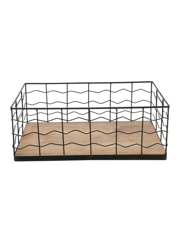 Mainstays Decorative Black Wire Basket with Wood Board Base, 15.75 L x 9.45 W x 5.91 H
