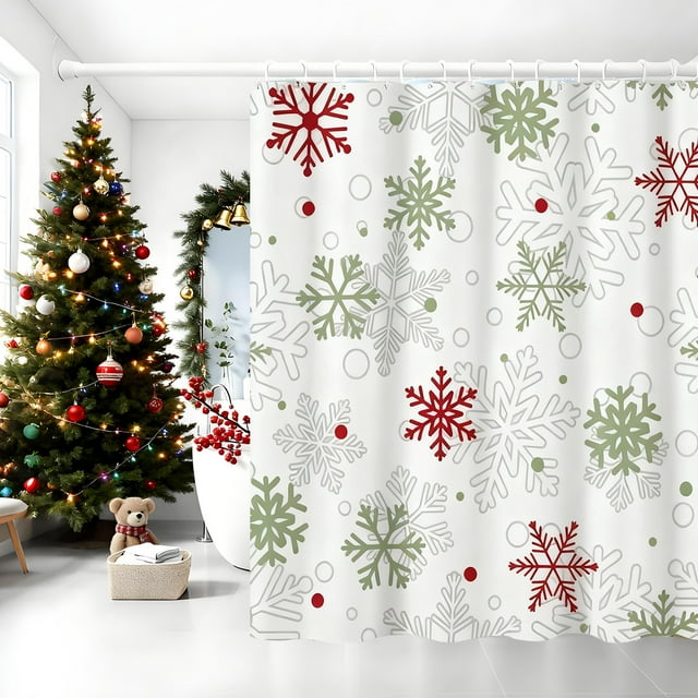 Christmas Snowflake Patterned Bathroom Fabric Shower Curtain with 12 Hooks | No-Drill Installation for Easy Setup