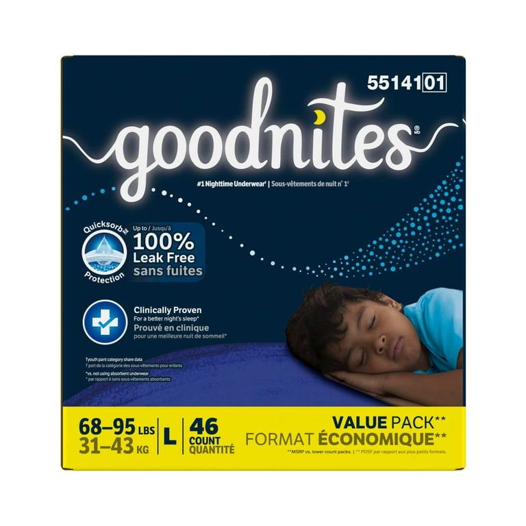 Goodnites Boys Nightime Bedwetting Underwear, L (68-95 lbs), 46
