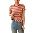 thumbnail image 4 of HOMBOM Fall Women Blouses Dressy Striped 2025 Red Crew Neck Short Sleeve Slim Fit Cotton T-shirt S, 4 of 7