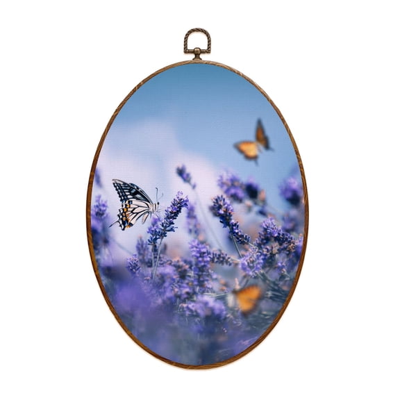 Canvas Wall Art Lavender Field Butterflies Oval Framed Canvas Prints Vintage Wall Hanging Decor for Home Decorations 8.6"x11.4"