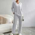 thumbnail image 2 of Jinhomg Loose Knit Outfits for Women Fall Casual Comfy Long Sleeve V-neck Pullover and Straight Leg Pants Set 2 Piece Trendy Solid Loungewear Seasonal Sale Gray XL, 2 of 10