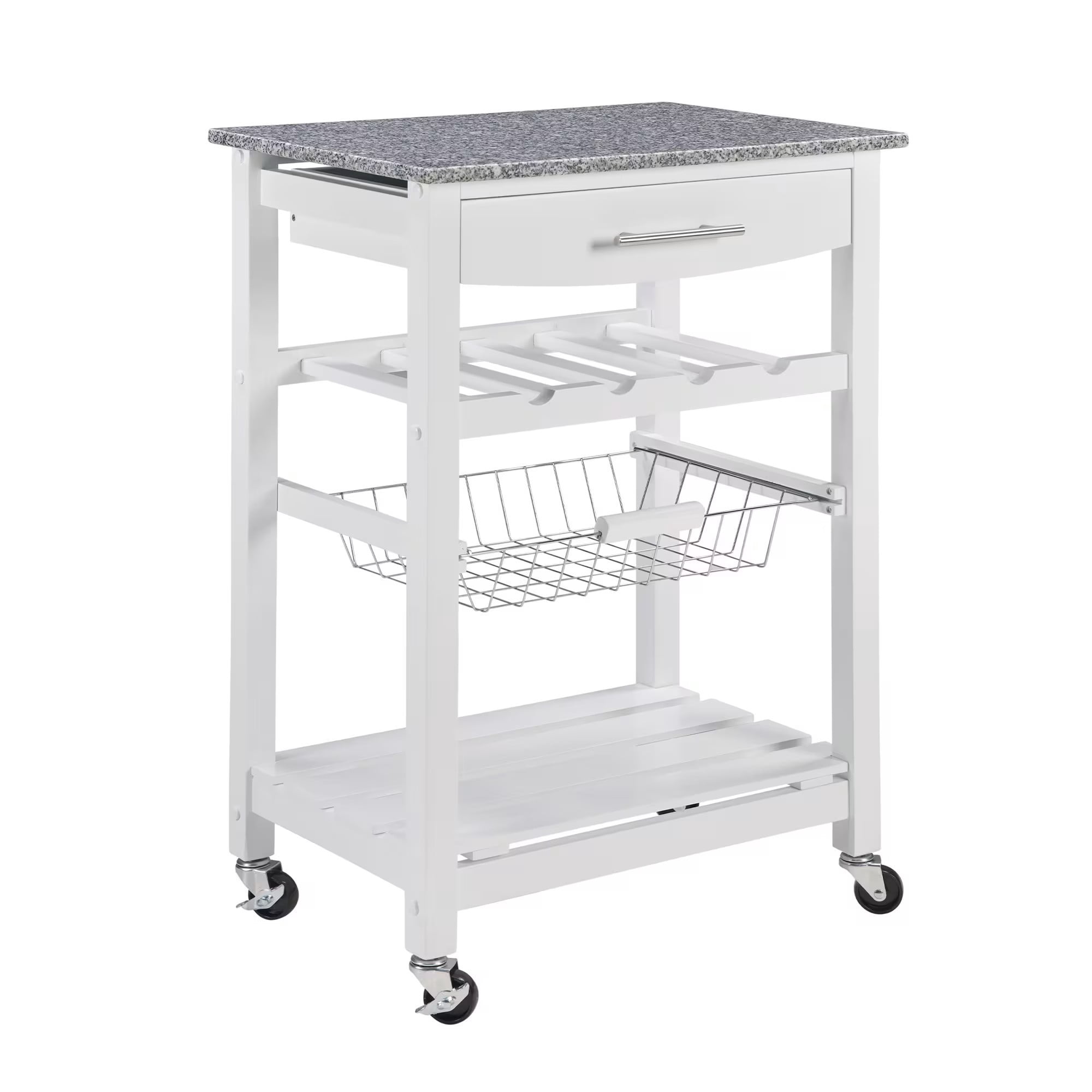 Mobile Rolling Kitchen Island Cart with Marble Top, Kitchen Trolley with Drawer, Slide-Out Wire Basket, Lockable Casters, Portable Serving Cart for Kitchen, Dining Room, White