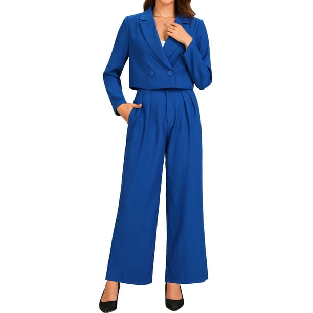 INSPIRAR CHIC Conjunto de 2 Piezas para Mujeres, Chaqueta Cortada con Solapa de Negocios y Pantalones de Pierna Ancha, Trajes de Trabajo S Azul