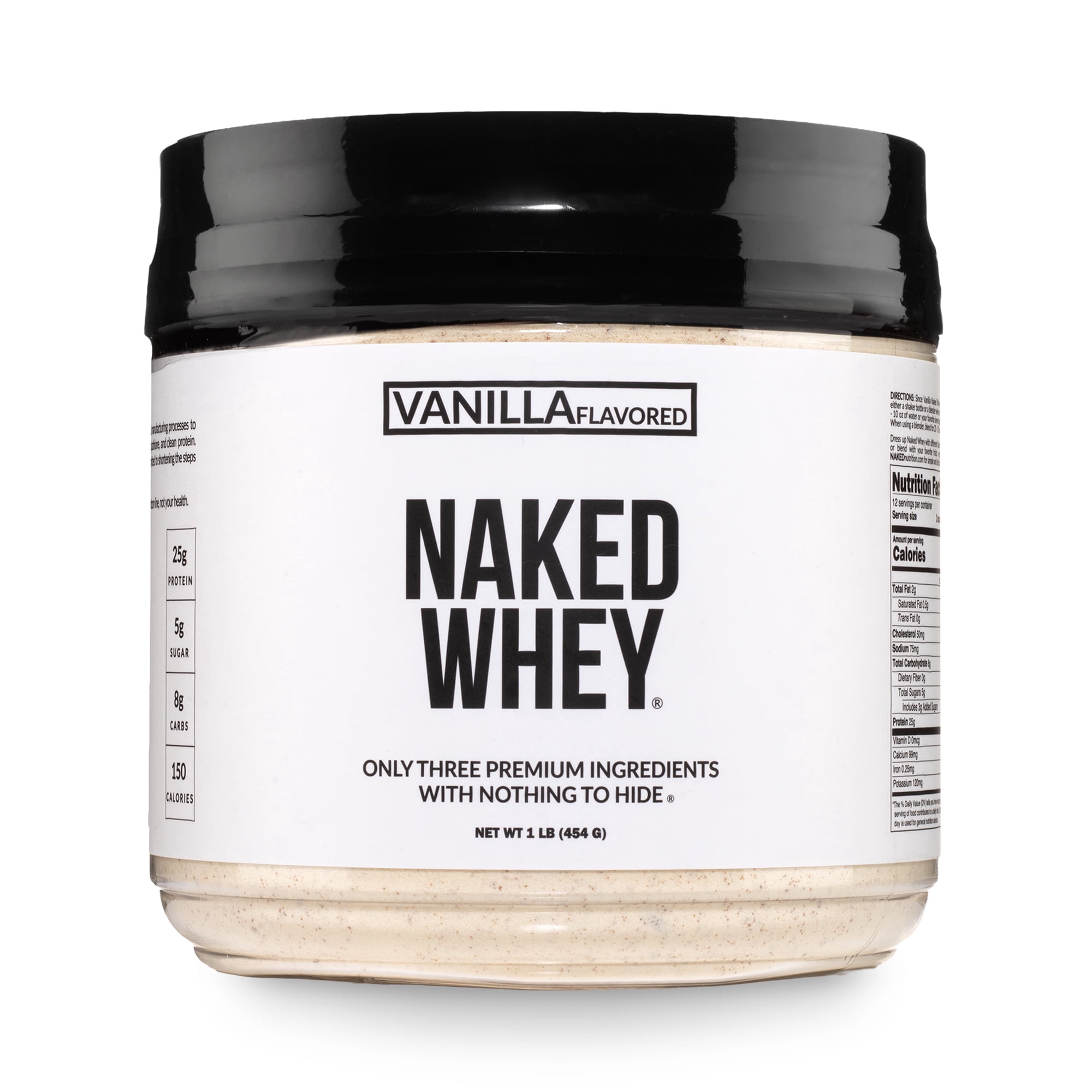 NAKED Nutrition Vanilla Whey Protein 1Lb, Only 3 Ingredients, All Natural Grass Fed Whey Protein Powder + Vanilla + Coconut Sugar- GMO-Free, Soy Free, Gluten Free. Aid Muscle Growth, 12 Servings